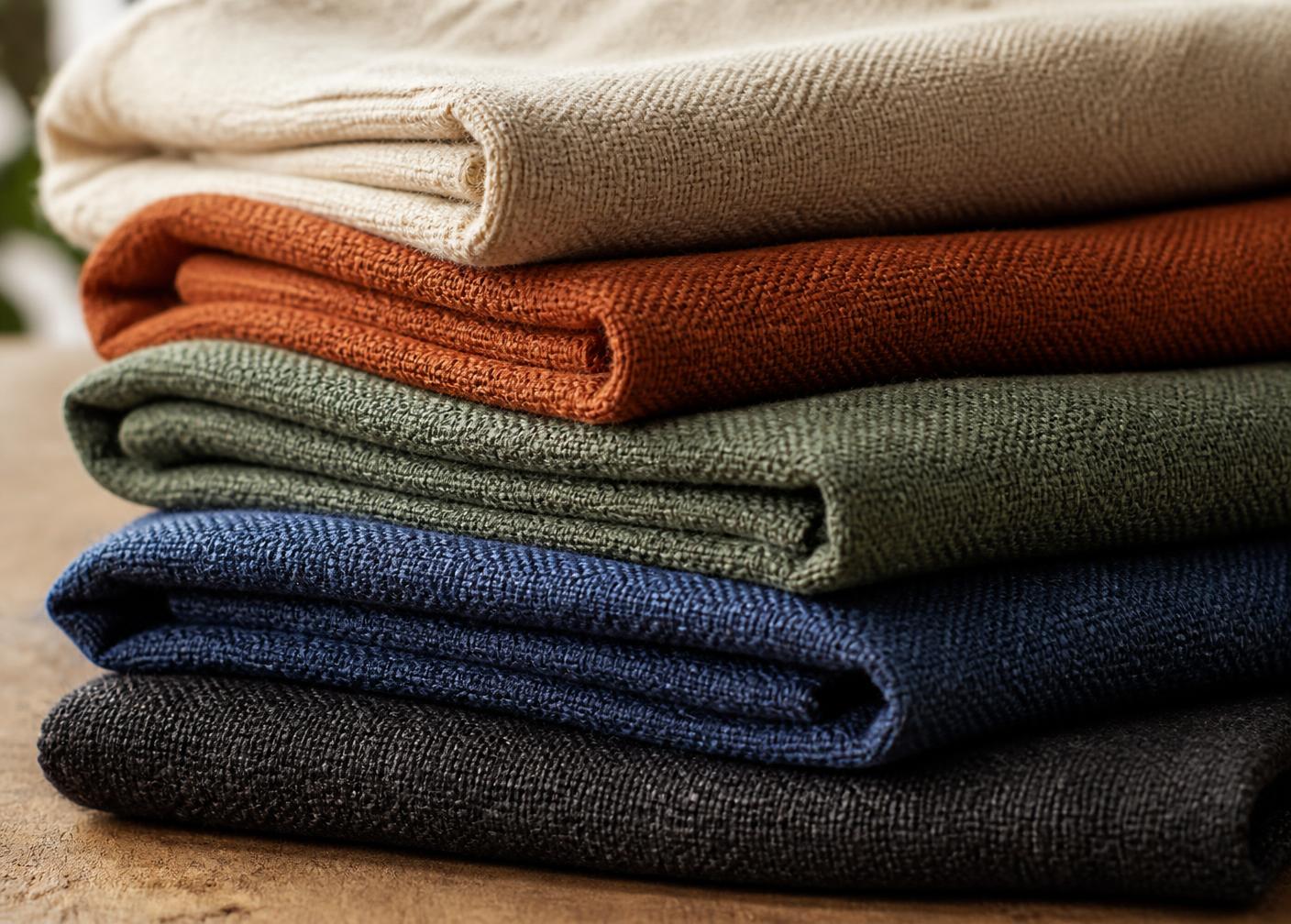 Folded woven upholstery fabrics in natural, terracotta, sage, indigo and charcoal