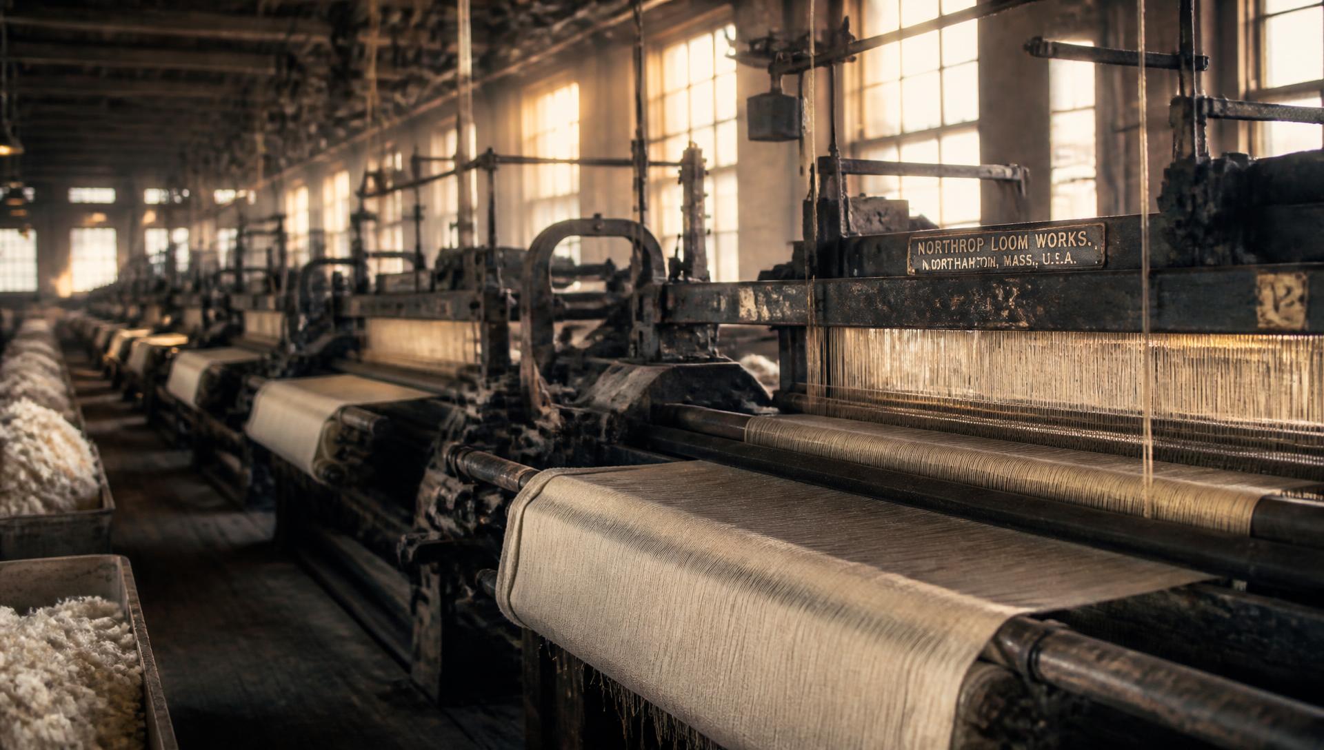 Rows of looms weaving cotton cloth inside the Imran Weaving mill