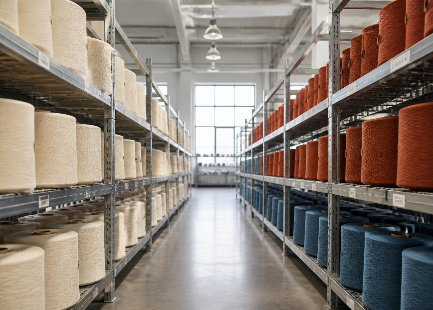 Racks of cotton yarn cones in cream, rust and slate blue